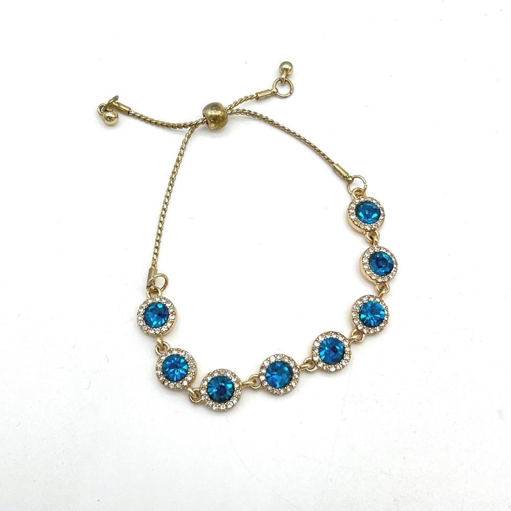 Gold Tone Bolo Slide Bracelet Blue Crystal Rhinestone Adjustable Chain
